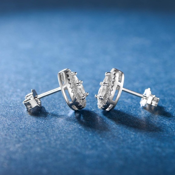 NWOT - Sterling Silver Teardrop Stud Earrings – Cubic Zirconia Halo Sparkle - Picture 3 of 7